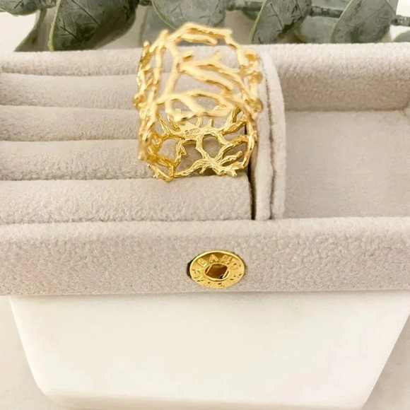 925 Sterling Silver Gold Textured Ring Vine Coral Tree Branch Ring Boho Ring - Picture 9 of 9